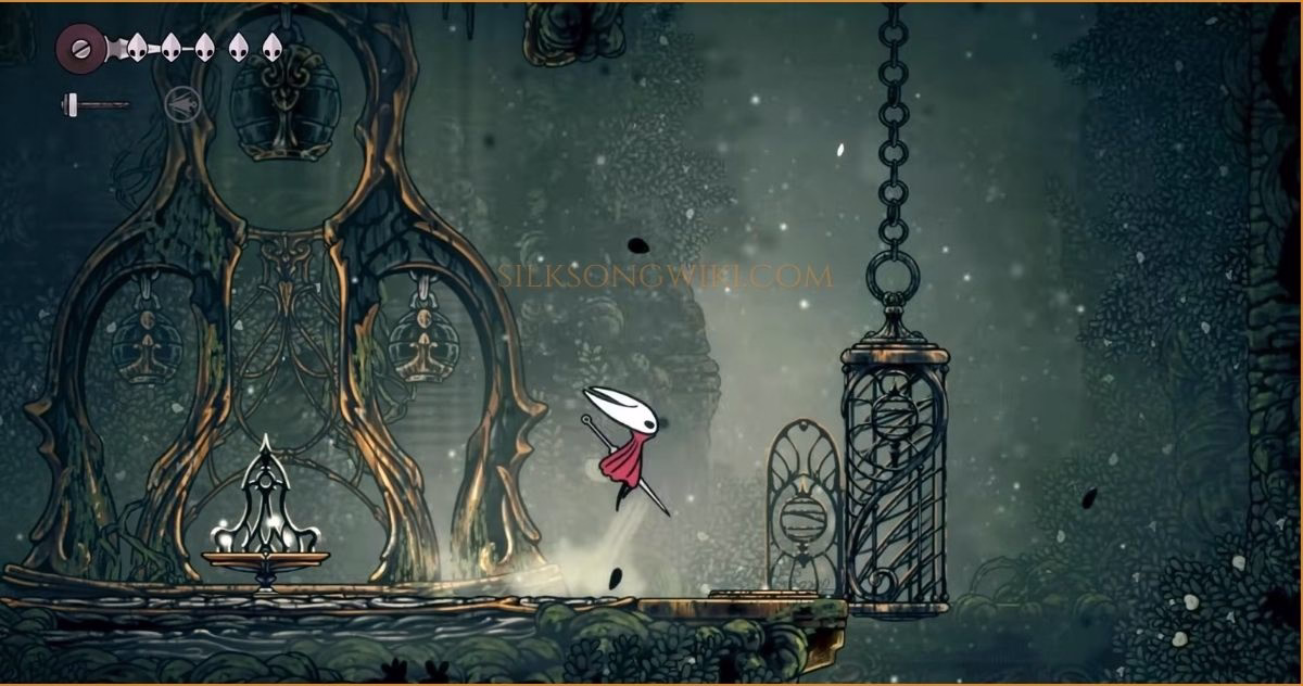 Hornet performing a crucial wall jump off a left-hand wall to reach a ledge on the right, revealing the hidden path to the town of Bellhart.