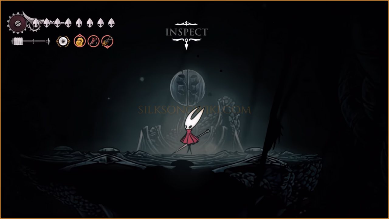 Hornet interacting with the glowing altar to acquire the Silk Soar ability.