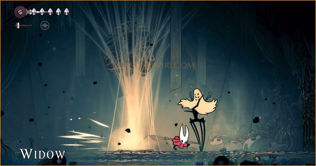 Hornet attacks the Widow boss from above with her needle during its silk-throwing attack, showing a key moment when the boss is vulnerable.