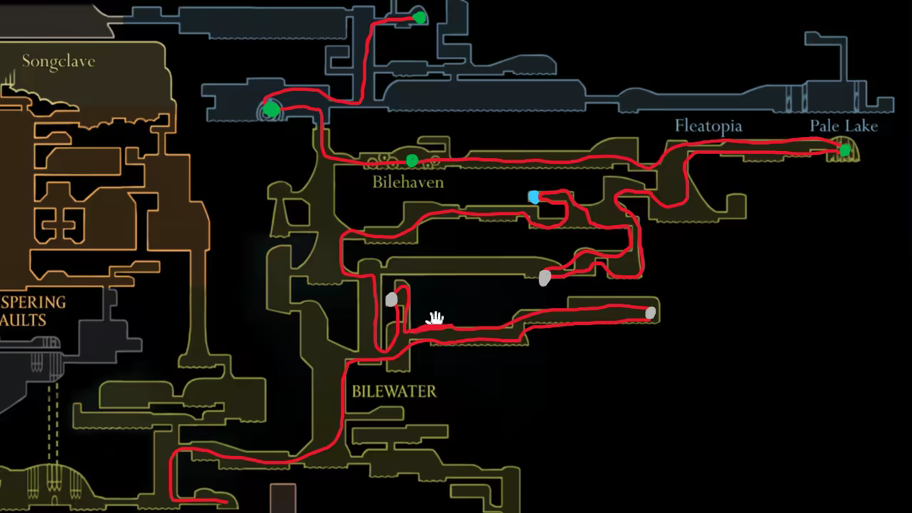 Map showing the 100% completion route for Bilewater.