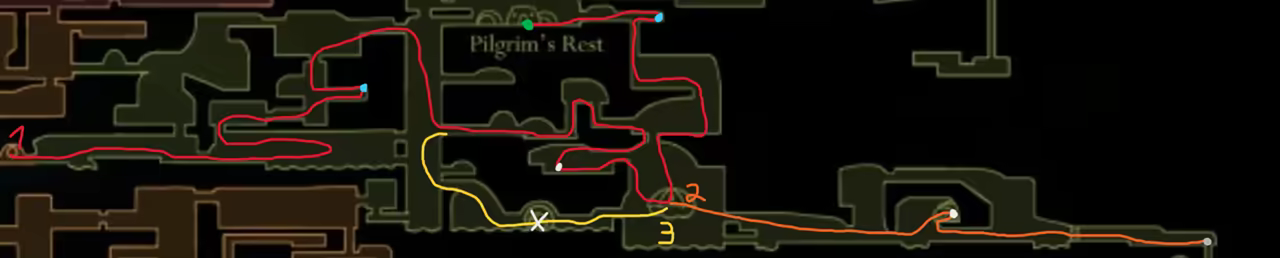 Map showing the 100% completion route for Far Fields in Act 2.