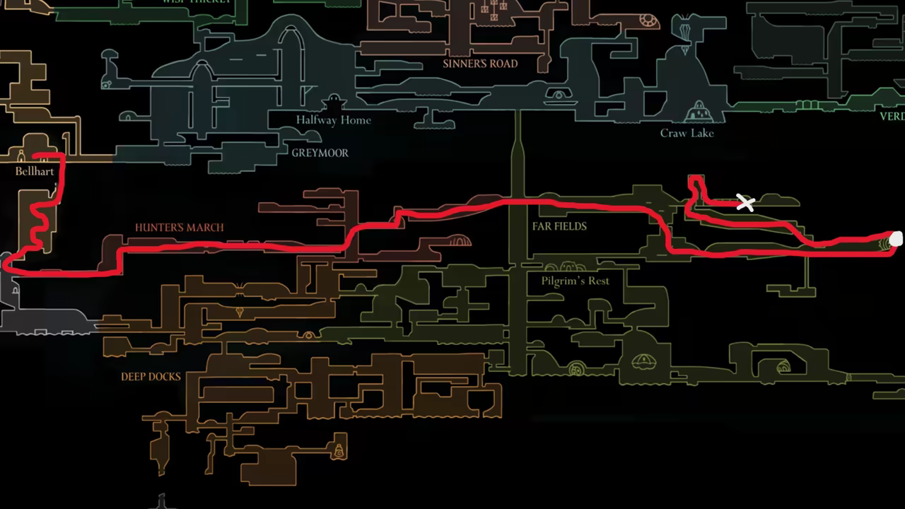 Map showing the 100% completion route for Far Fields in Act 3.