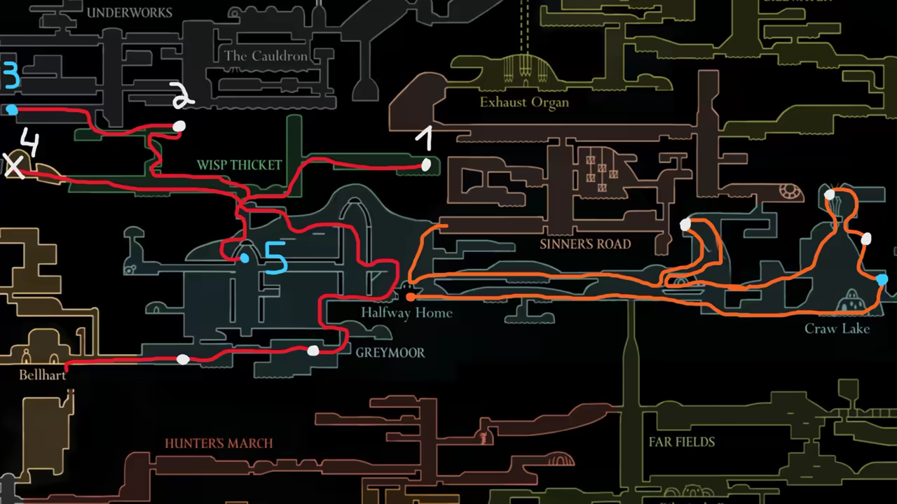 Map showing the convoluted 100% completion route for Greymoor.
