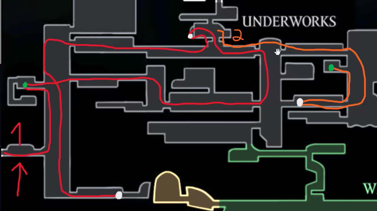 Map showing the 100% completion route for Underworks.
