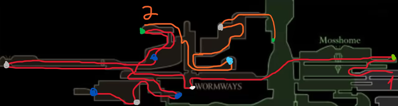 Map showing the 100% completion route for Wormways.