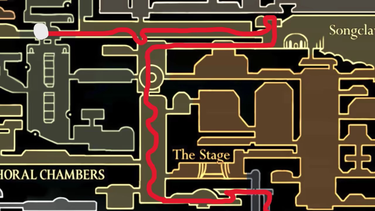 Map showing the speedrun route through the Choral Chambers.