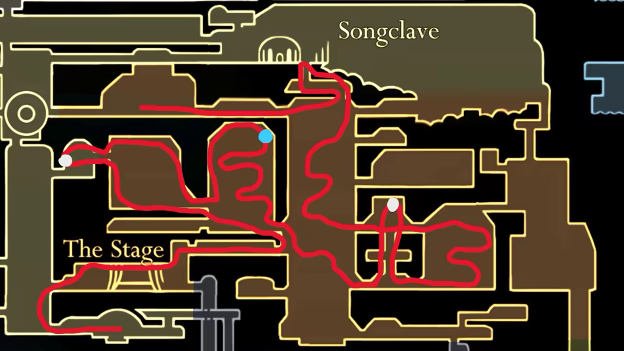 Map showing the speedrun route through the Whispering Vaults.
