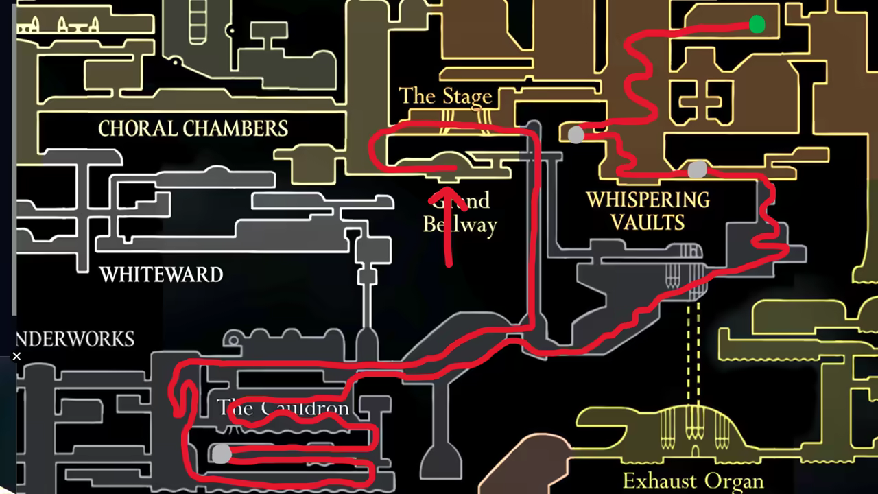 Map showing the speedrun route through the Underworks.