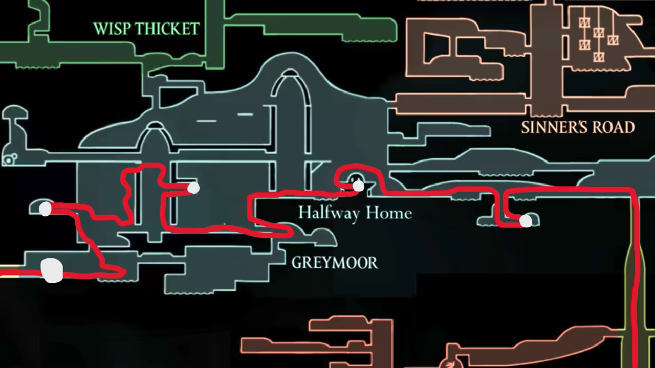 Map showing the speedrun route through Greymoor.