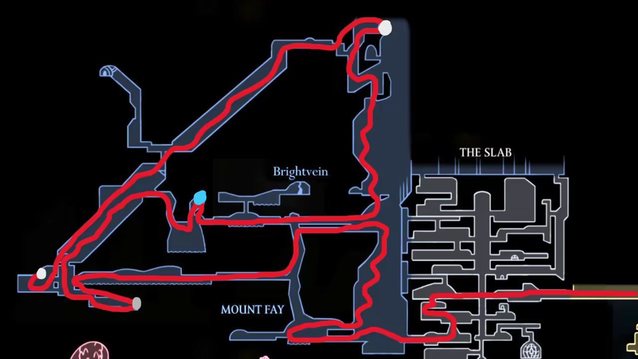 Map showing the speedrun route to Mount Fay.
