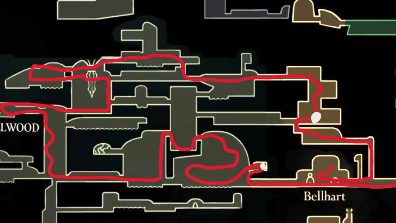 Map showing the speedrun route through Shellwood.
