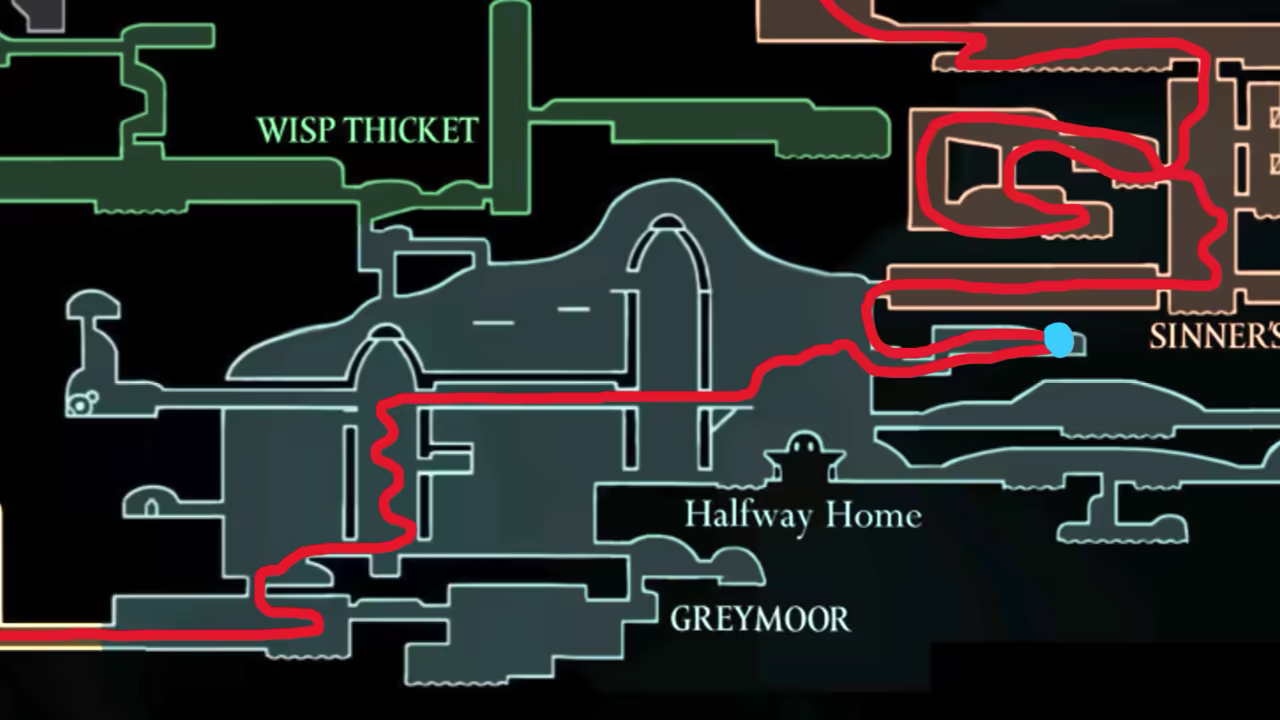 Map showing the speedrun route to and through Sinner's Road.