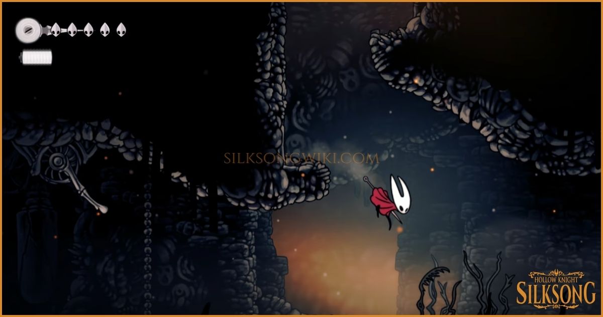 Hornet ascending a vertical path filled with skeletal enemies in Bone Bottom.