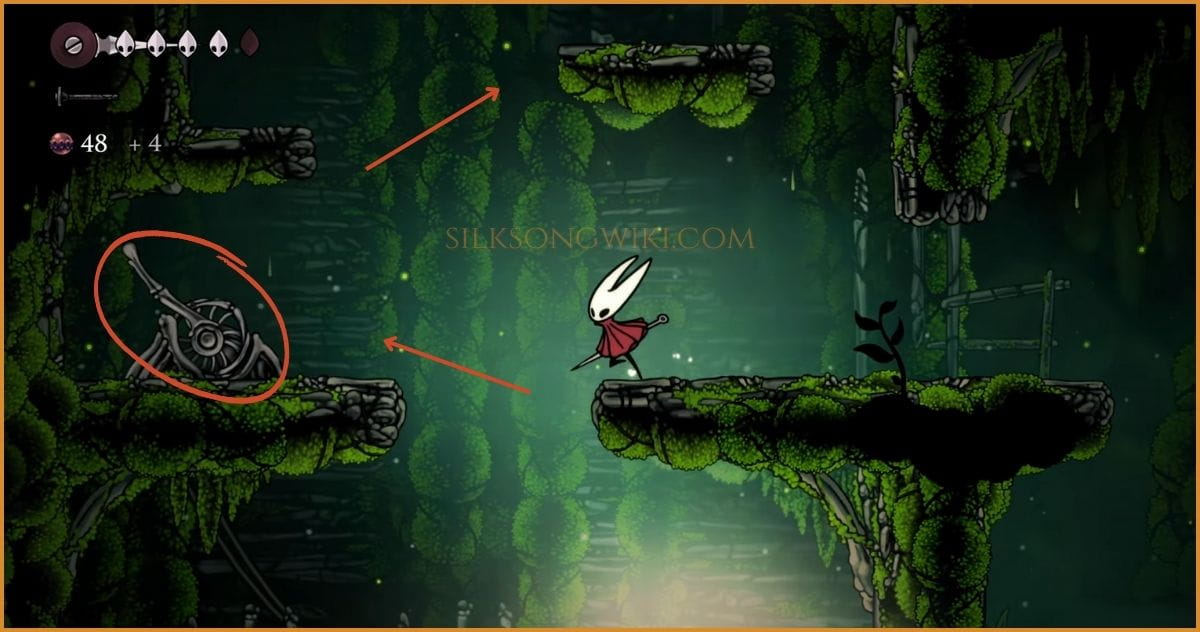 Hornet hitting a lever to activate a new pathway below.