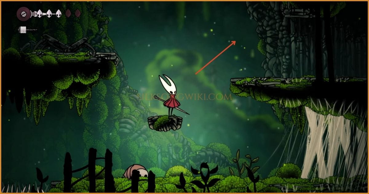 Hornet encountering a thick silk wall blocking the path in Mosshome.
