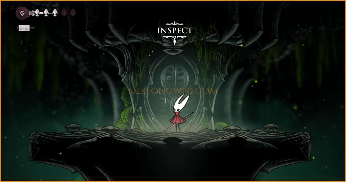 Hornet obtaining the Silkspear ability from a glowing spider effigy.