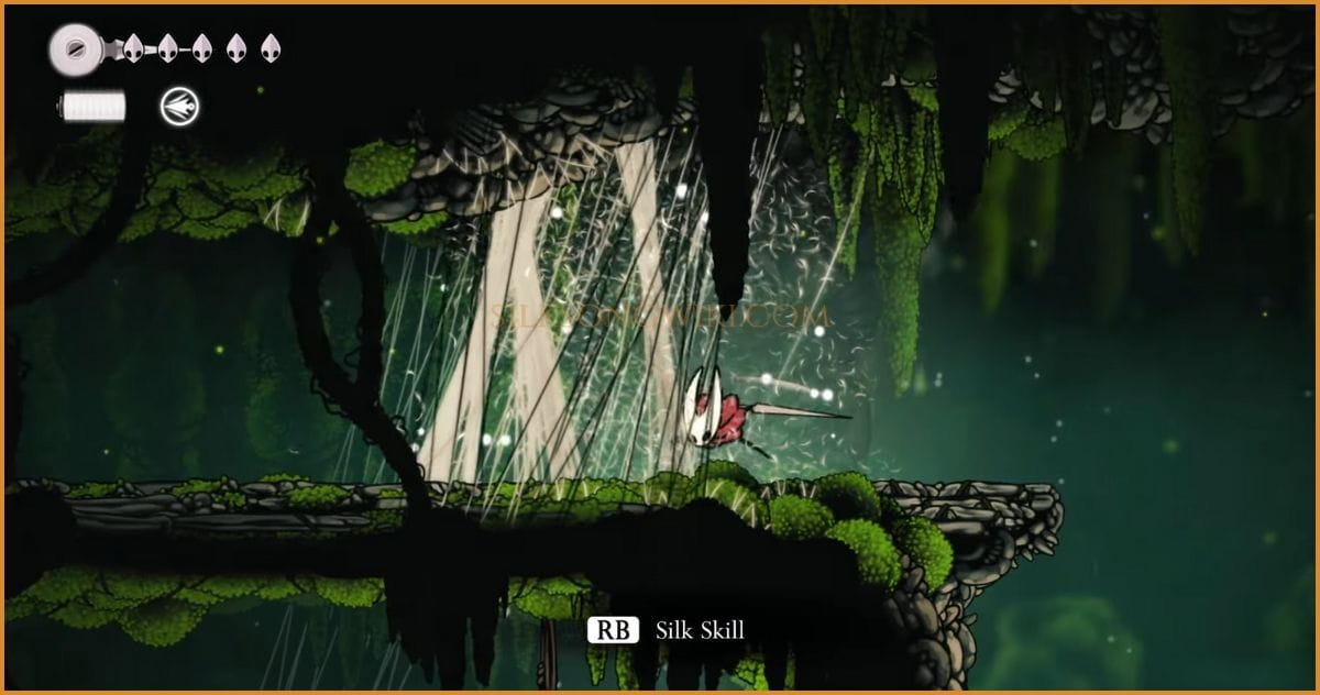 Hornet using the Silkspear to break a silk barrier and meet the Moss Druid NPC.