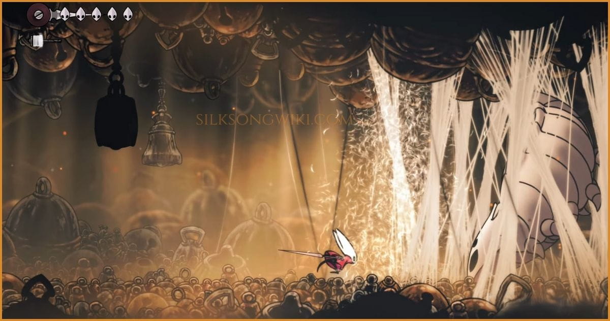 Hornet using the Silkspear to destroy the silk trap holding the Bell Beast.