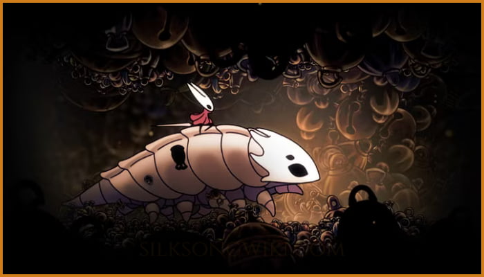 Hornet riding the now-tamed Bell Beast to fast travel back to Bone Bottom.